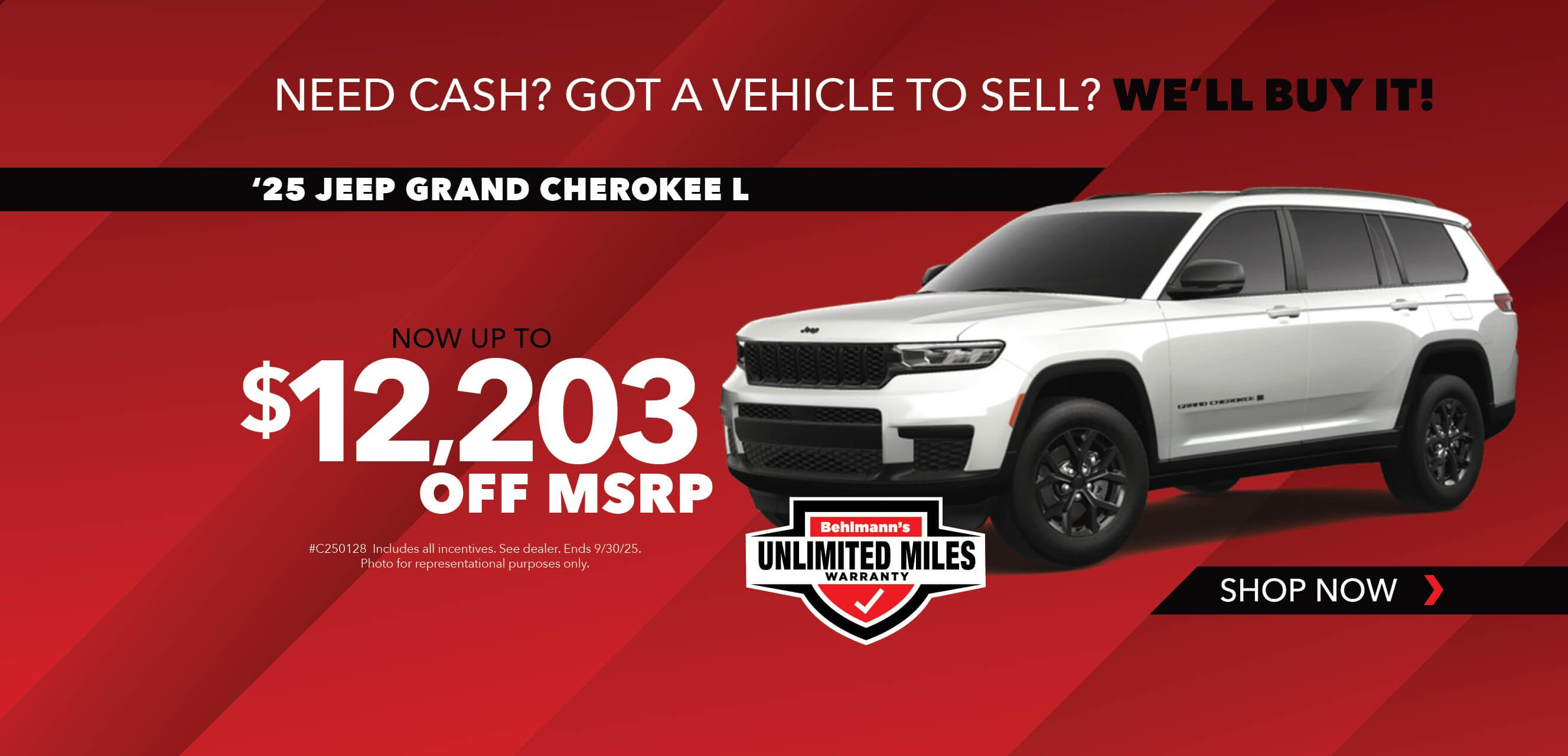 White SUV with advertising slogans: Now up to $12,203 off MSRP on 2025 Jeep Grand Cherokee L.